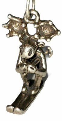 Skiing Moose Pendant Charm 825 Silver 3D Sculpted Necklace Jewelry Accessory 