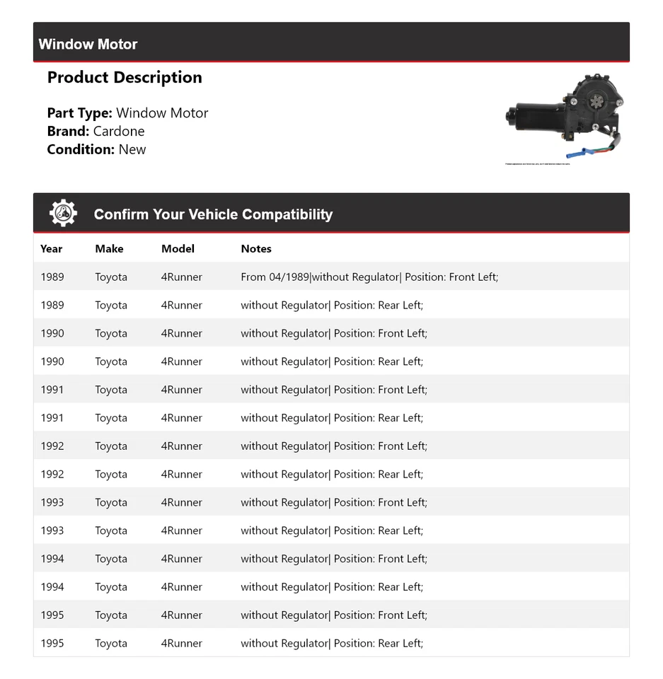 Para Toyota 4Runner 1989-1995 Ventana Motor Cardone 1990 1991 1992 1993 1994 Foto 2 de 4
