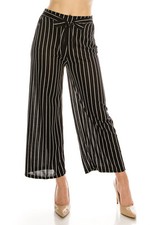 LA12ST Women High Waist Casual Self Tie Stripe Wide Leg Palazzo Pants