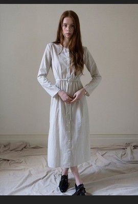 Ovate Inez Dress in Cream Striped Cotton, Size L