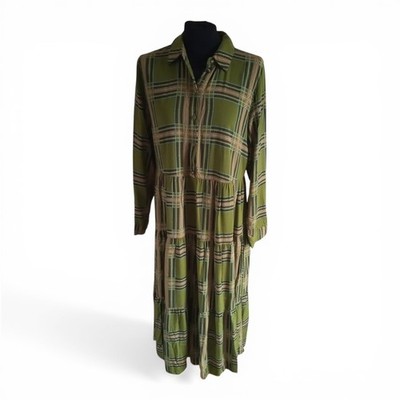 Numph Nucaprice Dress Green Check Plaid Viscose Tiered Midi UK 12 EU 38 Denmark