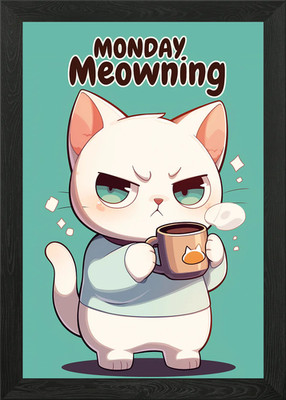Gerahmtes Wandbild Poster Leinwanddruck Bild mürrische Katze trinkt Kaffee