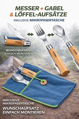 Opinel  4-tlg. Set, Löffel und Gabelaufsatz, Messer No8 Carbon, mit Namensgravur