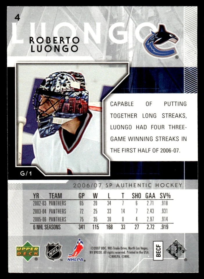 2006-07 SP Authentic ! Roberto Luongo Vancouver Canucks #4 - Image 2 of 2