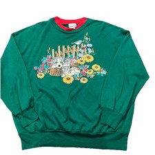 Vintage Collared Crewneck Sweatshirt Dogs And Cats Sunflowers Green Unisex Large