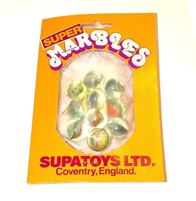 Super Marbles Supatoys Ltd Coventry TASCHE MIT 10 MARMOREN Vintage 1980er New Old Stock