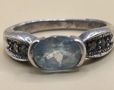 Oval Cut Blue Topaz Marcasite Set Sterling Silver Ring Size 6.75 3.75g 