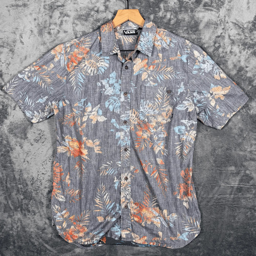 Vans, Vans Mens Button Up Shirt M Gray Floral Hawaiian Short Sleeve Cotton Casual