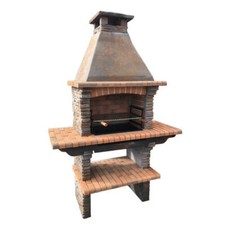 Image of Grey Stone Masonry Charcoal Barbecue Grill BBQ With Grill and Side Tables