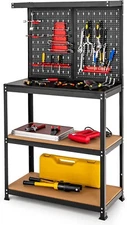 Tool Storage Workbench Heavy-duty Steel Tool Table w/ 2 Open Shelves & Pegboard