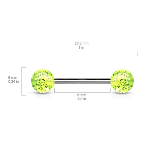 Pack of 10 * 16mm Tongue Bars * Green Acrylic Glitter Balls * Nipple Piercings - Picture 3 of 4