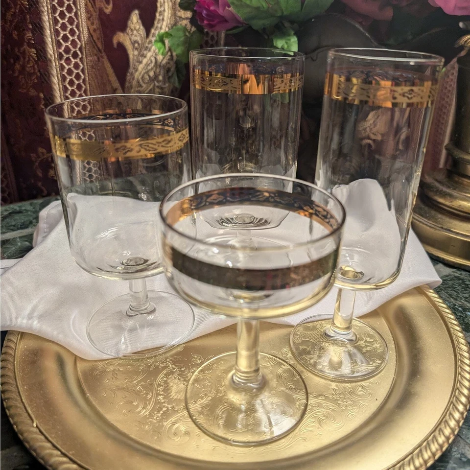 Vasos de cristal Libbey MCM vintage Heritage 4 piezas vajilla en relieve oro 22K Foto 2 de 4