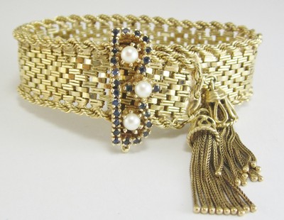 ESTATE 14K GOLD SAPPHIRE & PEARL TASSEL BRACELET 0.65CT 58.2