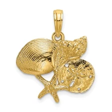 14k Yellow Gold Shell, Starfish Sand Dollar Cluster Charm Pendant for Mom