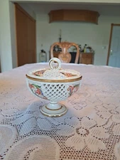 Italy Hand Painted Porcelain Lattice Work Vintage Covered Candy Dish