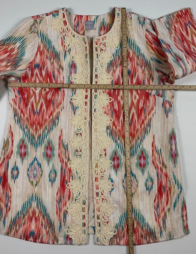 Chicos Ikat Linen Open Jacket 3/4 Sleeve Embroidered Appliqué Womens Size 3 / XL - Picture 6 of 15