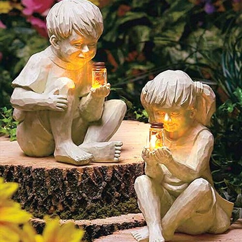 Escultura de jardín de 9 pulgadas encendido solar tarro luciérnaga luz niños y niñas creativo - - Imagen 1 de 13