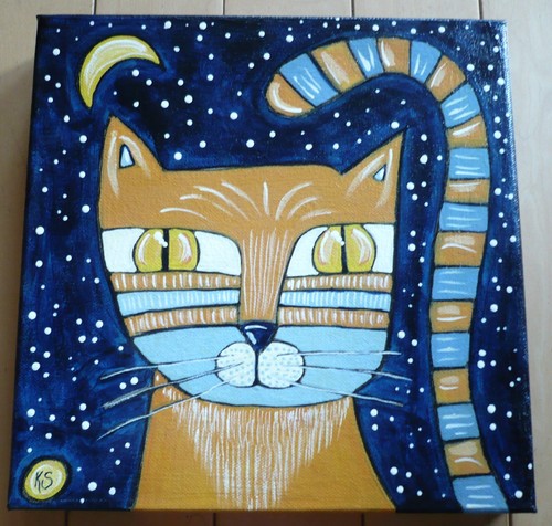 KRISTIN M. ESCUDOS, GATO MEDIANOCHE, NOCHE FOLK PRIMITIVO CAPRICHOSO ACEITE FIRMADO - Imagen 7 de 13