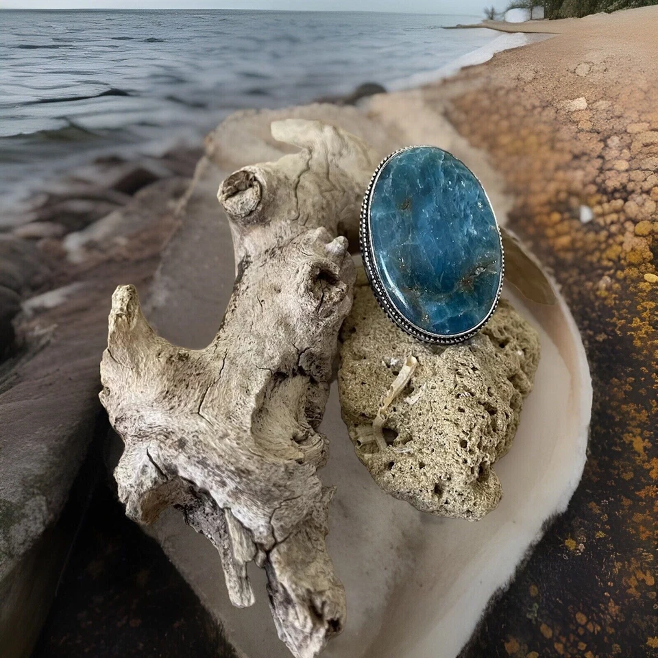 Кольцо с голубым апатитом и драгоценными камнями размер 9 -925 посеребренное - новое! - Изображение 2 из 4