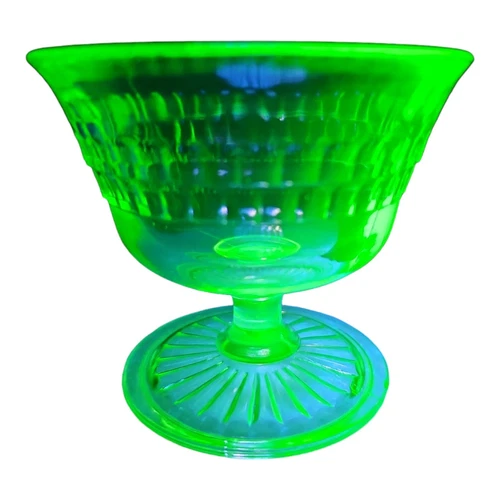Anchor Hocking Roulette Green Uranium Glass Sherbet Sundae Dessert Dish Vintage