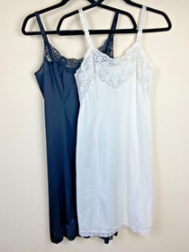 2 VTG Olga & Wandermaid 1980s Full Slip Black White Lace 34 A Antron Nylon