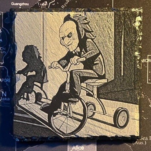 10x10cm SAW inspired Billy the Doll Horror Movie slate coaster (4") - Picture 2 of 6