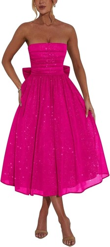 Vestido de graduación para mujer hasta el té sin tirantes formal noche fiesta vestidos con lazo - Imagen 60 de 150