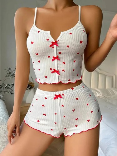 Pigiama donna set pigiama stampa cuore morbido tessuto a costine con top civettuolo - Foto 14 di 28