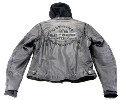 harley davidson jacket L black leather Miss Enthusiast hoodie liner armor pocket