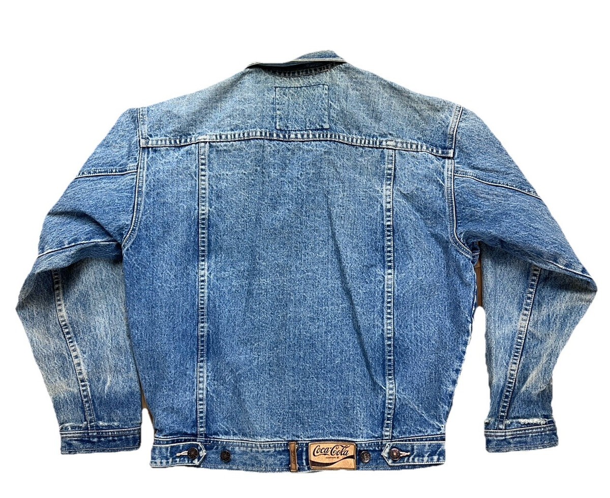 Coca Cola Denim Jean Jacket Leather Patch Medium Acid Wash