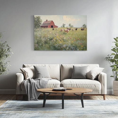 Impresión de pintura de vacas de campo de ganado de granero rojo, lienzo enmarcado arte de pared granja - Imagen 6 de 14