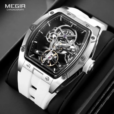 Herren Automatik Mechanische Uhr mit Edelstahlgehäuse Silikonband Skeleto
