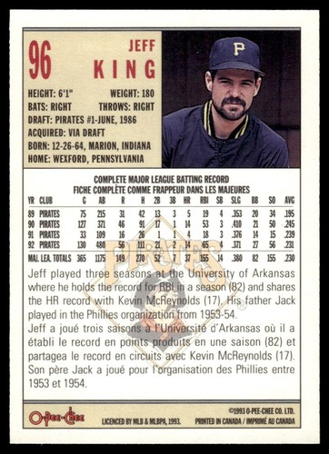 1993 O-Pee-Chee Jeff King Pittsburgh Pirates #96 - Picture 2 of 2