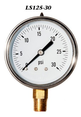 Pressure Gauge 0-30 PSI, Liquid Filled 2.5  Stainless Steel  1/4''  NPT LM