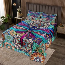 Dragonfly Bedspread Mandala Coverlet Set,Exotic Boho Floral Quilted Tribe Rus...