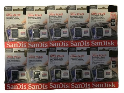 (LOT of 10!) SanDisk Ultra PLUS MicroSD 128GB UHS-I Cards W/Adapter 150Mb/s