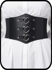 Women Black Corset Belt Gothic Punk Waist Accessory w Heart Buckles 33-36" Waist