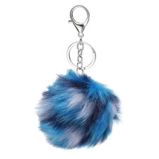 Pom Pom Keychain 8cm Soft Cute Fluffy Ball Key Ring Blue-Black