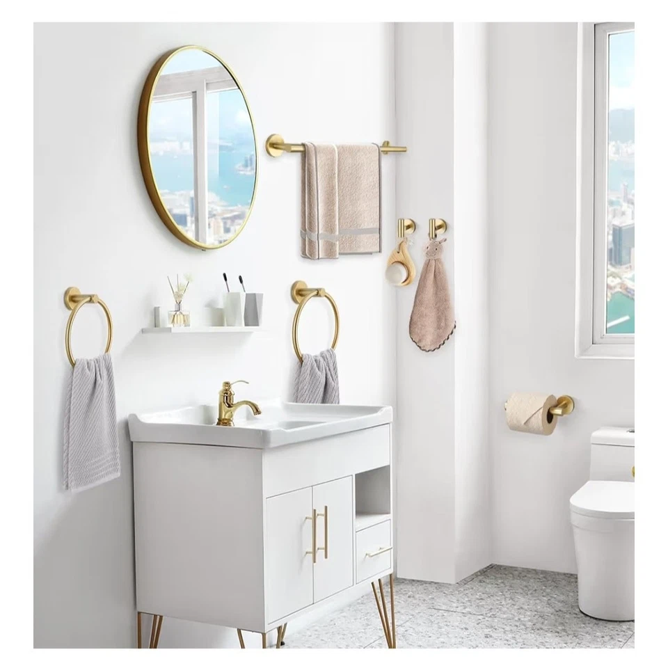 Juego de 6 piezas de herrajes de baño de oro cepillado barra de toallas de acero inoxidable nuevo en caja Foto 3 de 4