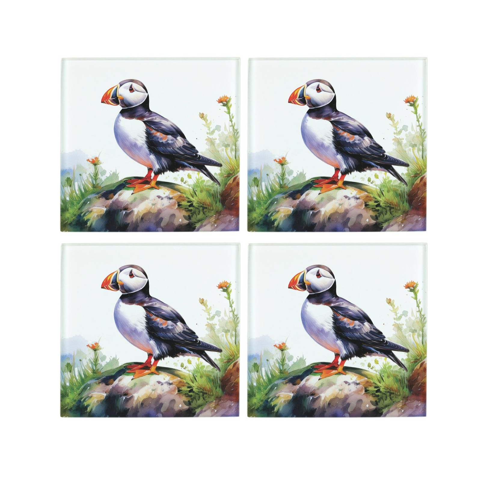 Puffins Glass Coaster Set - Coastal Seabird Gifts - Set of Four