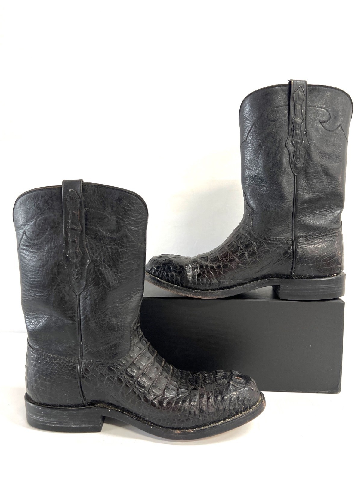 Men's BLACK JACK All Black Croc Embossed Leather Western Boots Sz 7D