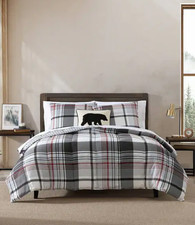 Eddie Bauer Normandy Plaid Black Microsuede Reversible Duvet Cover Set Twin NEW