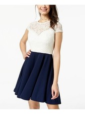 B DARLIN Womens Fit + Flare Short Dress Navy Tie Short Sleeve Juniors 34