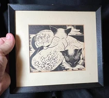 Old Vintage Japanese Woodblock Print of Cats Kitten Cat Animal Art Framed