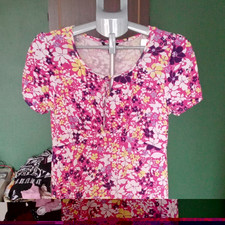 Roman Petite Floral Pink Yellow Purple A-Line Dress Knee Length Short Sleeve 12