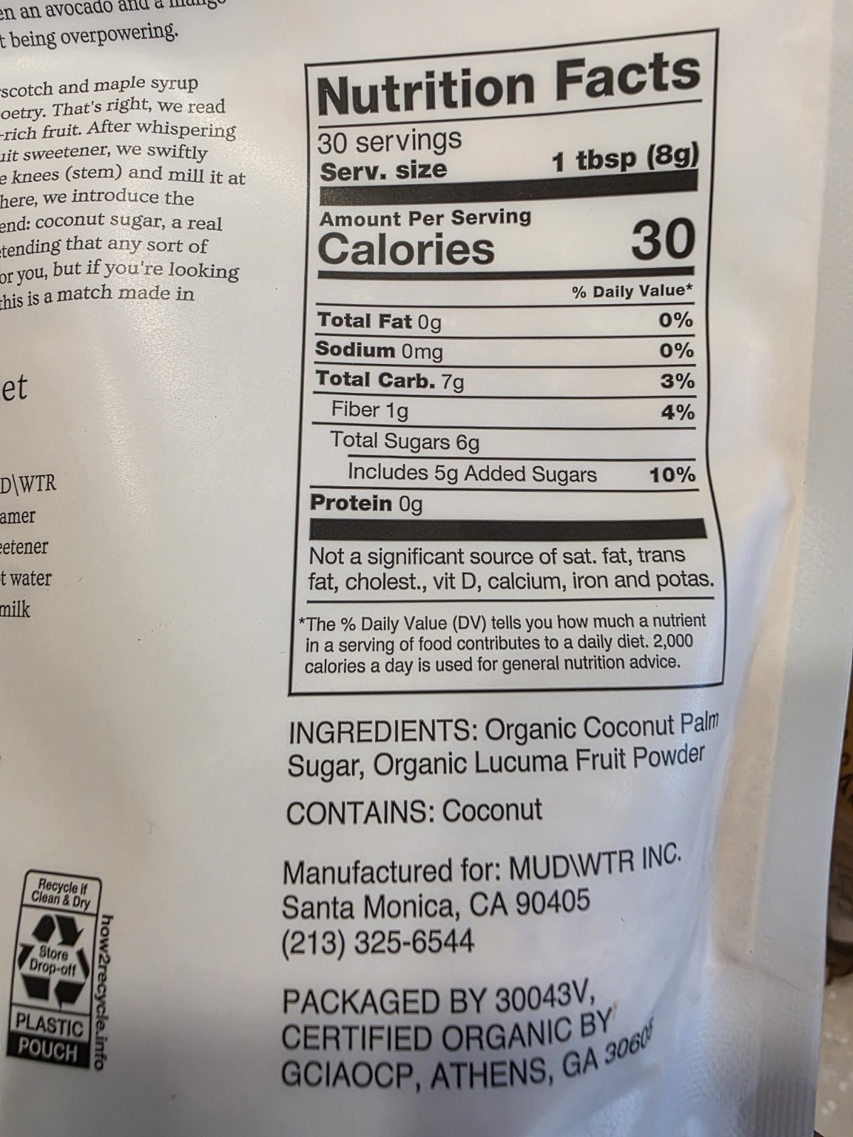 MUD\WTR Coconut Palm Sugar Lucuma Sweetener Organic Low Cal 30 Servings Sealed