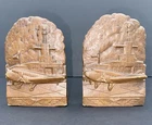 Rare WW2 Sewer Tile Art Pottery Bookends Military Aircraft Carrier Plane Pair