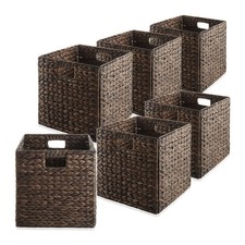 Set of 6 Hyacinth Storage Cubes, 13" Square Wicker Shelf Basket Bins, Espresso