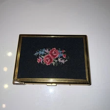 Rare VINTAGE COLIBRI CIGARETTE CASE WITH BUILT IN LIGHTER W/ NEEDLEPOINT FLOWERS