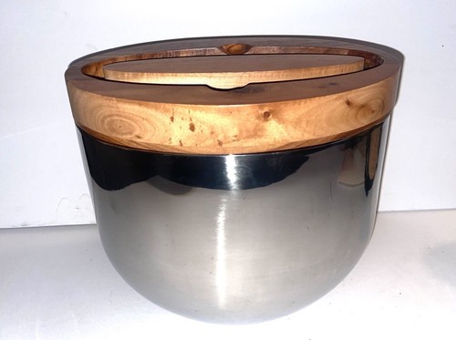 Nambe Mikko Metal Alloy Oval Ice Bucket With Acacia Wood lid & tongs - Picture 2 of 9